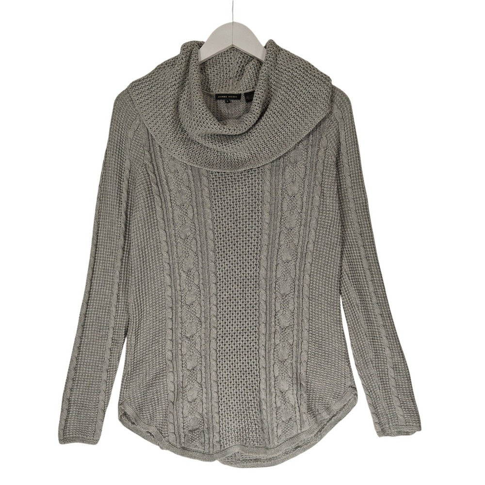 Jeanne Pierre Womens Grey Cotton Cable Knit Cowl Neck Sweater Size S Curved Hem